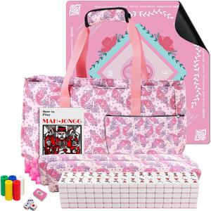 American Mahjong Set with Mat and Racks 166 Pink Tiles, 4 All-in-One Color Rack/Pushers, Chips & Dice, Pink Carrying Bag Complete Portable Mahjong Set for Beginners & Adults