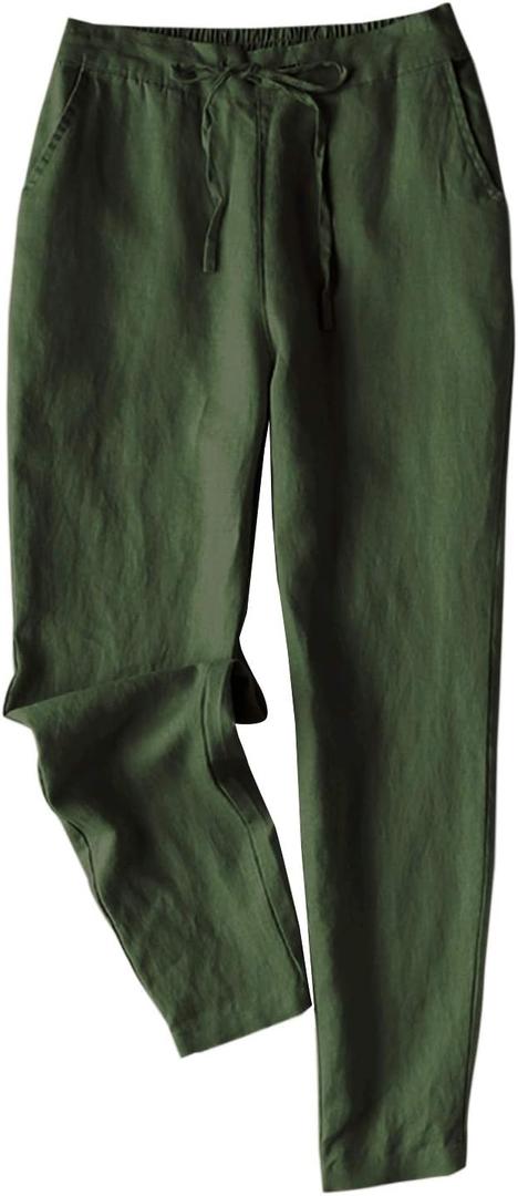 Women's Tapered Pants 100% Linen Drawstring Back Elastic Waist Ankle Length Pants, XL