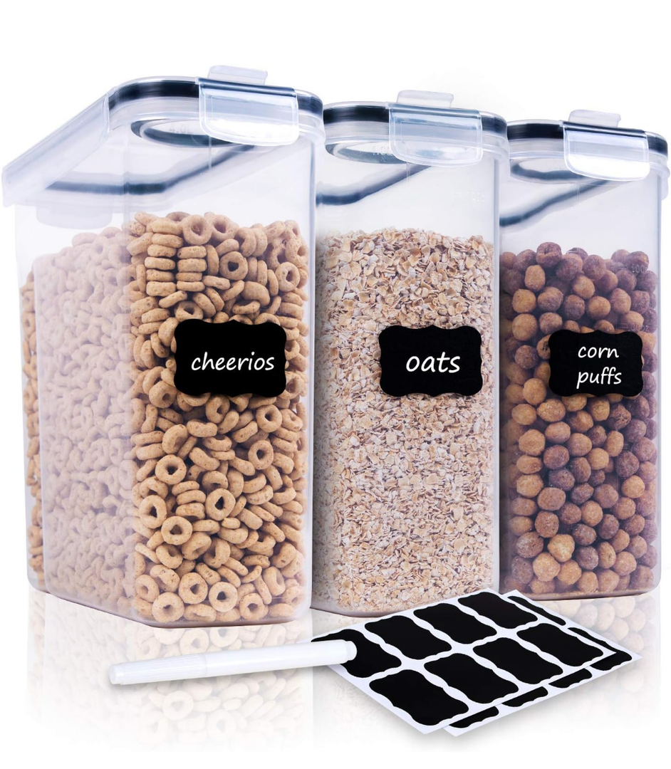 Cereal Containers Storage Set - 6 Piece Airtight Large Dry Cereal Container (135.2oz), BPA Free Dispenser Plastic Cereal Storage Containers with 16 Labels & Pen