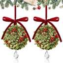 2 PCS Christmas Mistletoe Decoration Artificial Mistletoe Hanging Crystal Ornament Kissing Ball with Berry Bow for Doorway Home Xmas Tree Friendship Holiday Party Arch Ceiling Decor (Red)