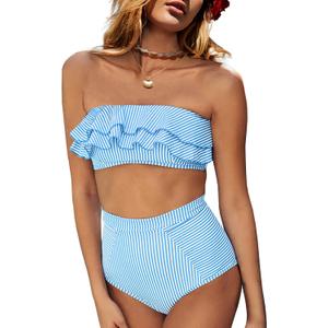 Saodimallsu Women High Waisted 2 Piece Bikini Set Bandeau Ruffle Swimsuit Top Striped Bathing Suits (Large, Blue)