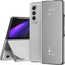 New Galaxy Z fold 3 5G Leather Protective Case 2021 with Stand Function and Smart Mirror Privacy Screen Cover (Silver). Full Protection. Shock Proof. Slim Fit