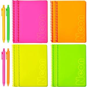 miikoul 8 Pack A5 Neon Spiral Lined Notebooks with 4 Pens 8.3" X 5.5" 80 Sheets/160 Pages Wide Ruled Notebook Spiral Journals Bulk Softcover Notepad Color Coded for Students Taking Class Notes