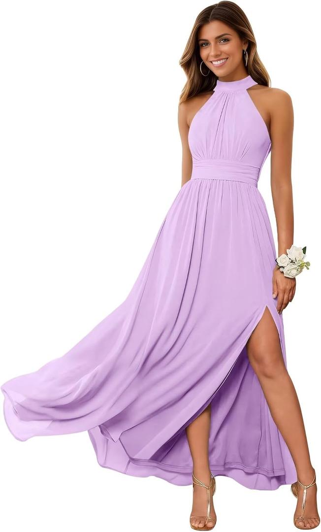 Jamille Halter Bridesmaid Dresses for Women Long Chiffon Flowy Formal Dress 2026 A Line Evening Gown with Slit JA0095N1 Solid, 8