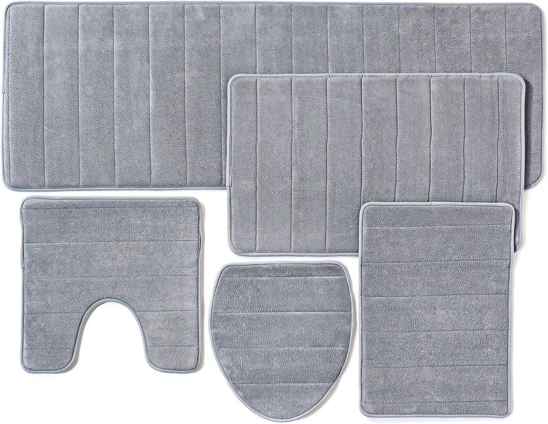 Bath Mats 5-Piece Set Thick Memory Foam - Close Out Bathroom Rugs Set, Toilet Rug, Water Absorbent, Extra Soft, Non-Slip Back Gray