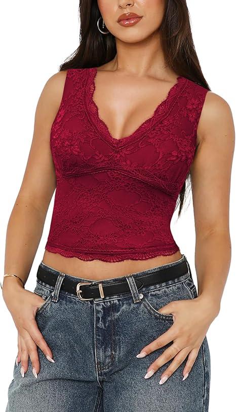 Summer Lace Tank Top Sexy Tunic V Neck Sleeveless Double Lined Going Out Tops for Women M