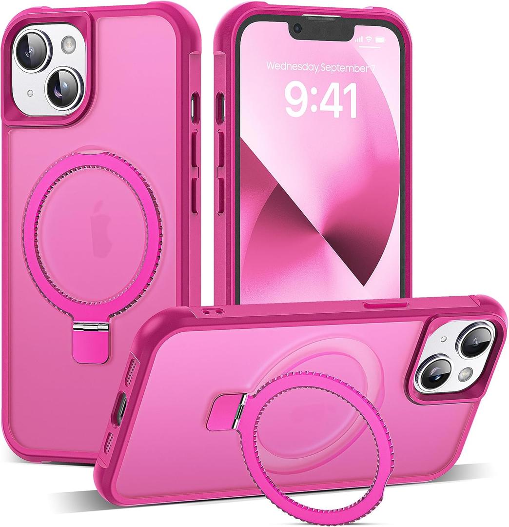 Compatible with iPhone 14 Case & iPhone 13 Case 6.1" with Invisible Ring Stand [Compatible with Mag-Safe] Translucent with Magnetic Kickstand, Hot Pink