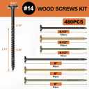#14 Heavy-Duty Wood Screws Assortment Kit, 480Pcs Star Drive Decking Wood Screws, Rust Resistant Timber Screws for Log/Landscaping Wood (2-7/8",6") Black, Tan, Green
