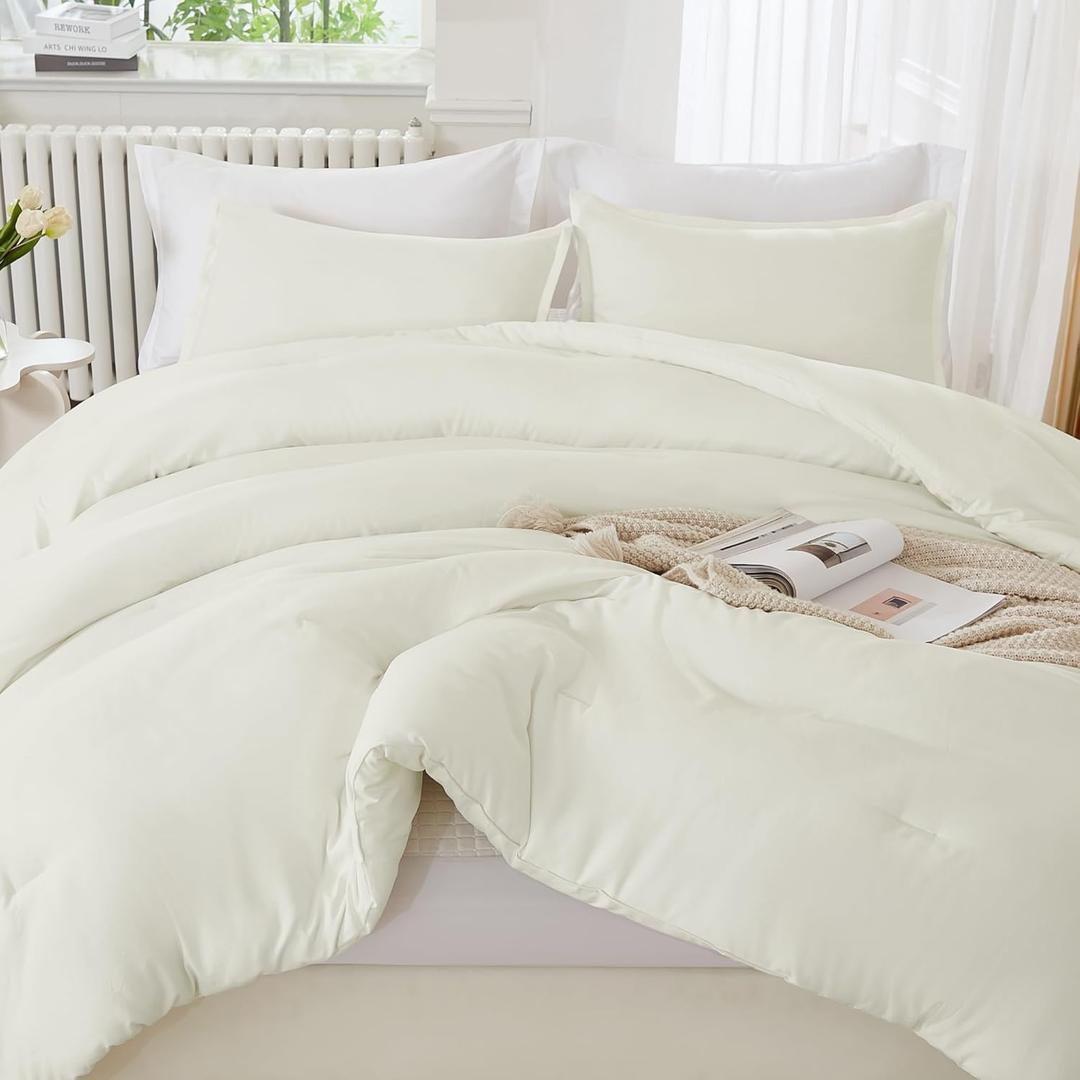 Litanika Ivory Comforter Set Queen Size, 3 Pieces Lightweight Solid Bedding Comforter Set, All Season Fluffy Bed Set (90x90In Comforter & 2 Pillowcases)