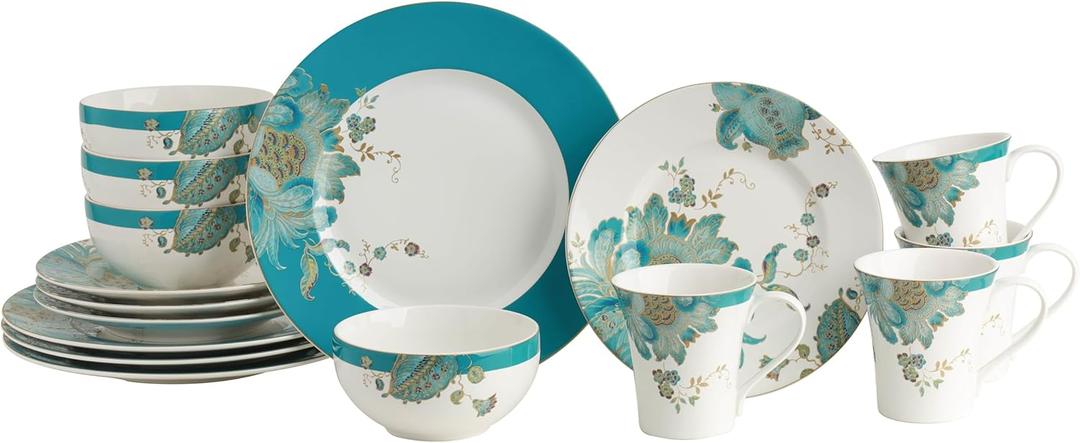 222 Fifth Eliza 16-Piece Teal Porcelain Dinnerware Set  Service for 4, Plate, Bowl & Mug Set, Floral & Peacock Feather Design, for Everyday Dining & Entertainment, Microwave & Dishwasher Safe
