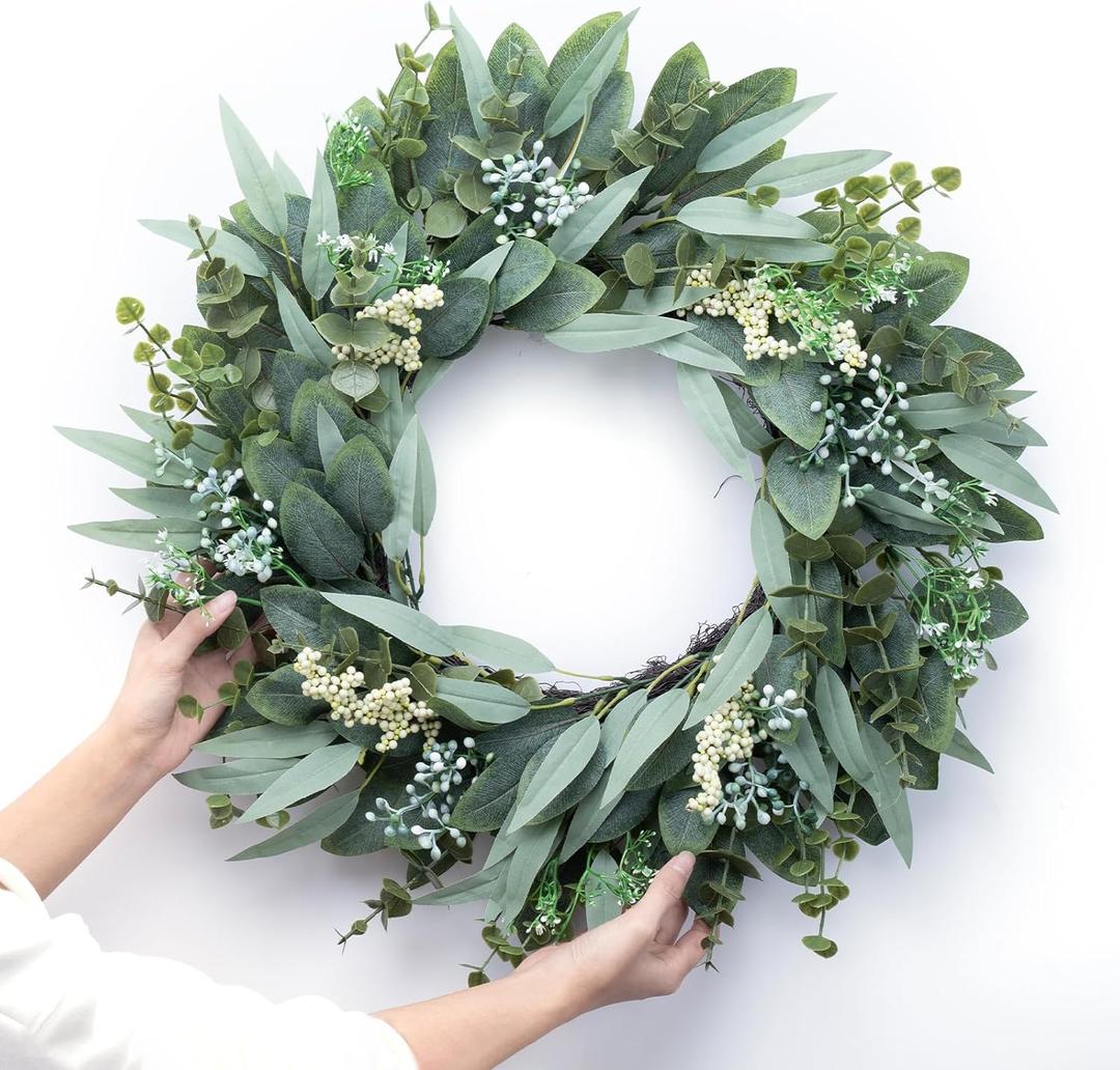 Eucalyptus Wreaths 22" Large Artificial Greenery Outdoor/Indoor Wreath Spring/Summer Wreath Green Wreaths for Front Door Porch Window Wall Hanging Decor All Year Round Wre-athGreen (22IN)