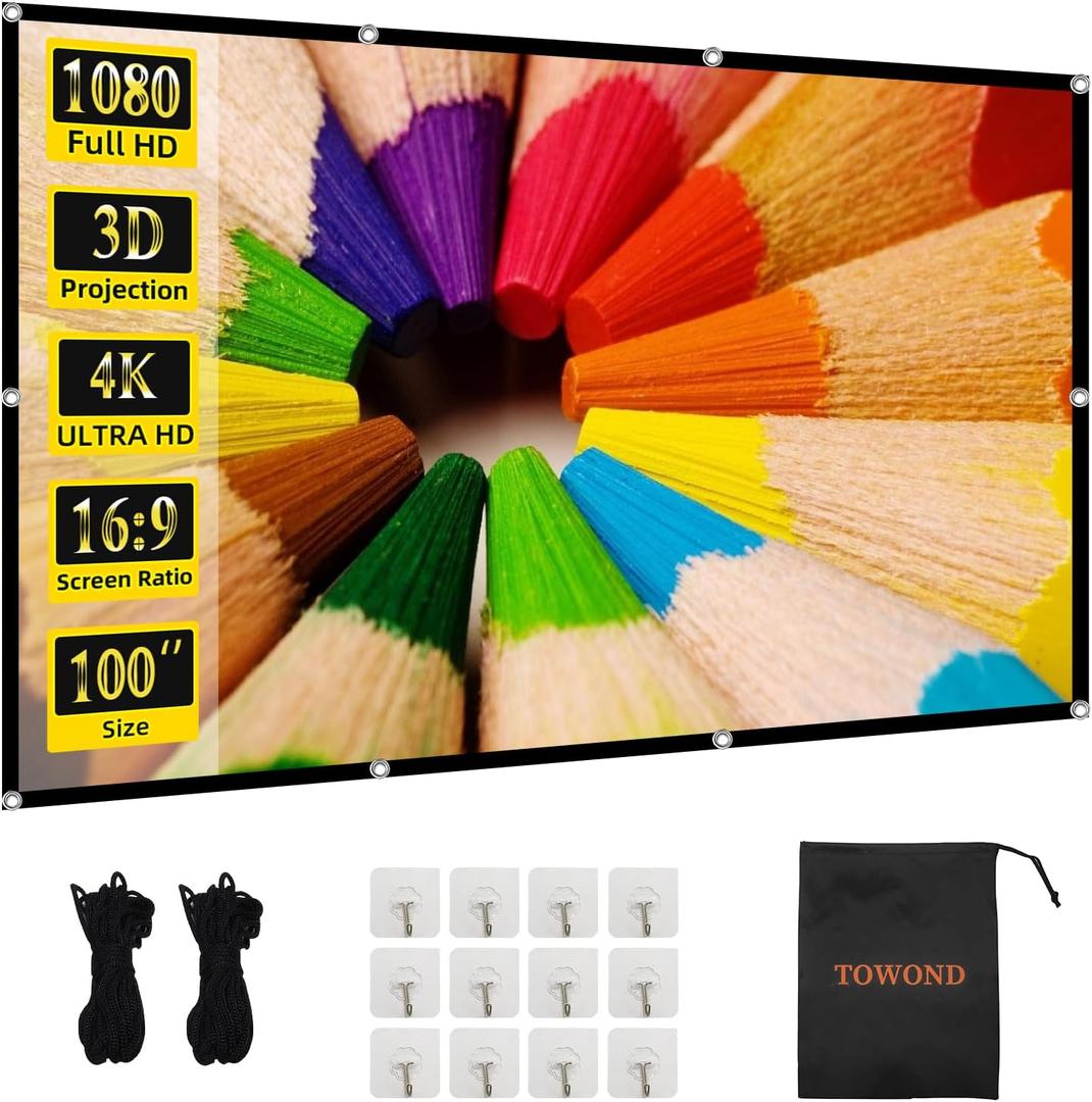 Projector Screen TOWOND 100" Projection Screen Indoor Outdoor Washable Anti-Crease 16:9 HD Rear Front Movies Screen for Home Theater Office