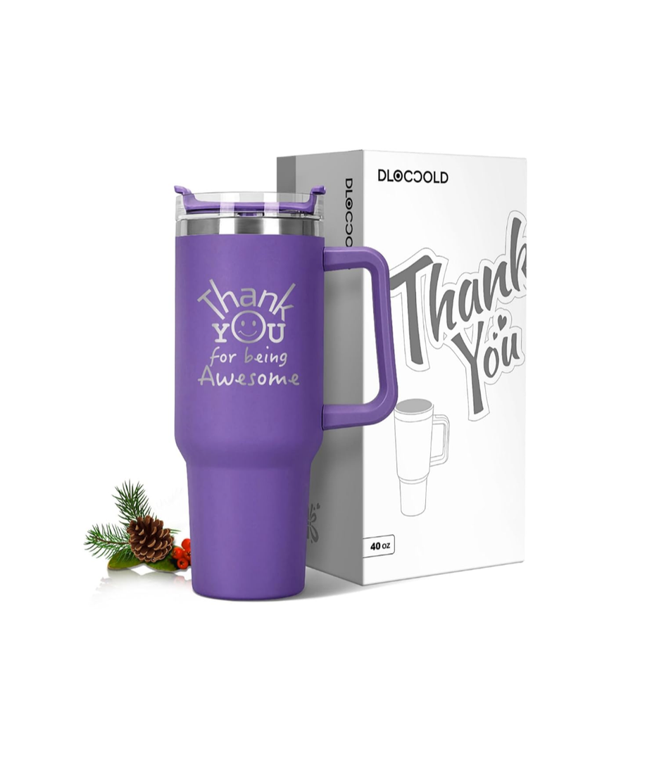 DLOCCOLD Thank You Gifts, Christmas for Coworkers, Employee Appreciation Gifts, Inspirational Birthday, Friends, Teacher, You Are Awesome, 40oz Tumbler with Handle, Purple