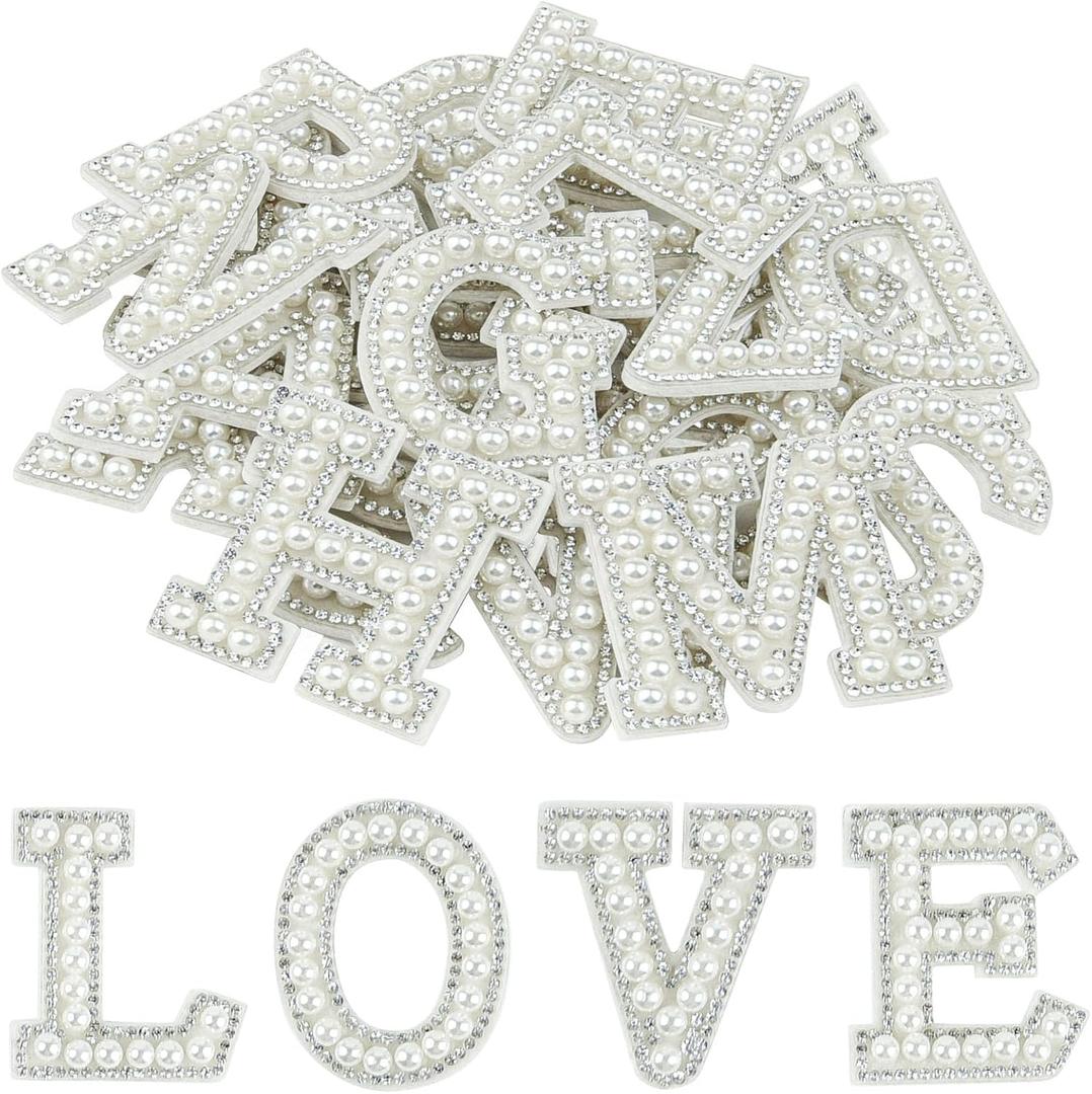 Morcheiong 52Pcs Pearl Rhinestone Letter Patches Self Adhesive A-Z, Stick on Pearl Letter Patches for Clothes, Fabric, Backpack (White)