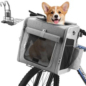 Xixter Dog Bike Basket Carrier  Secure Pet Bicycle Basket with Mesh, Safety Lanyard & Contains Metal Supports Reflective Strips for Small Dogs up to 22 lbs,Suitable for Mountain Bikes Grey