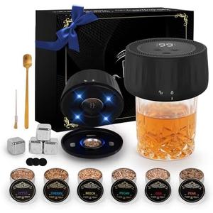 Electric Drink Smoker Kit with LED Lights, 4 Reusable Ice Cubes and 6 Flavors Natural Wood Chips, Cocktail Smoker Kit for Home Bar, Gift Set for Men, Dad, Husband