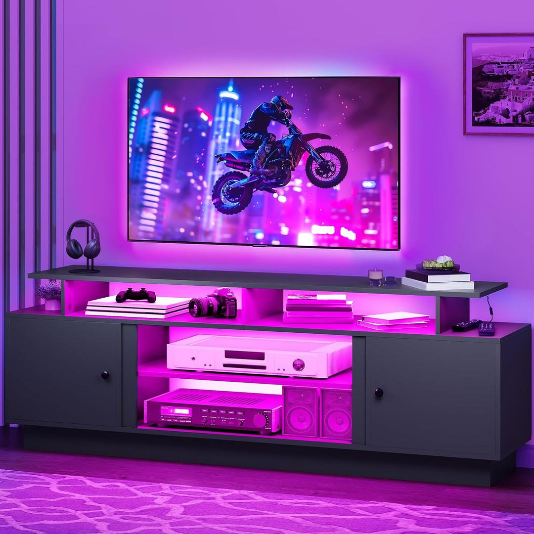 DWVO Modern TV Stand for 75 Inch TVs, Entertainment Center with LED Lights, TV Console with Storage Cabinets & Movable Partition for Living Room, Black