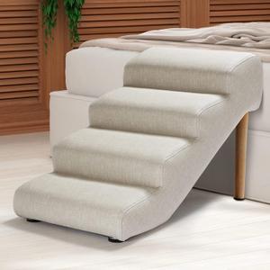 Senneny Imitation Linen Faux Leather Dog Stairs, for Pets up to 150 lbs, Waterproof, Scratch Resistant Pet Steps/Stairs with High Density Foam and Detachable Wooden Legs, Light Beige Linen, 4 Step (4-Steps(17.5 Inch High))