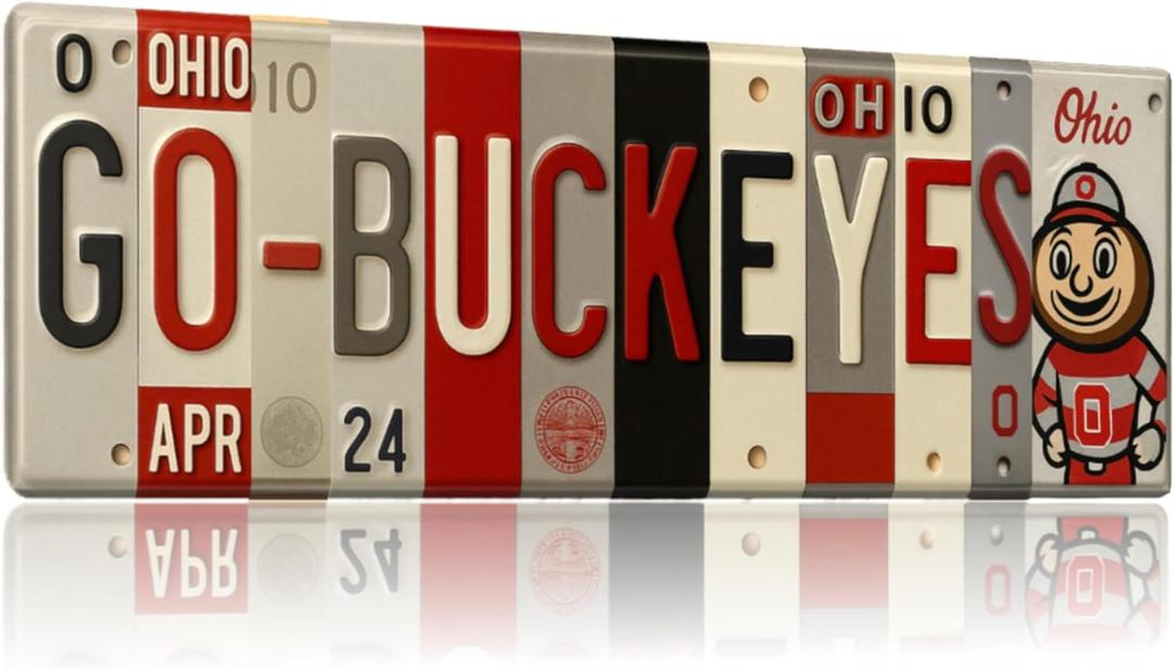 Ohio State Buckeyes Go Buckeyes License Plate Sign - Metal Wall Art 16x6 Inch Aluminum - Scarlet Gray - Big Ten Fan Cave Dorm Decor - UV-Resistant Ready to Hang College Wall Sign
