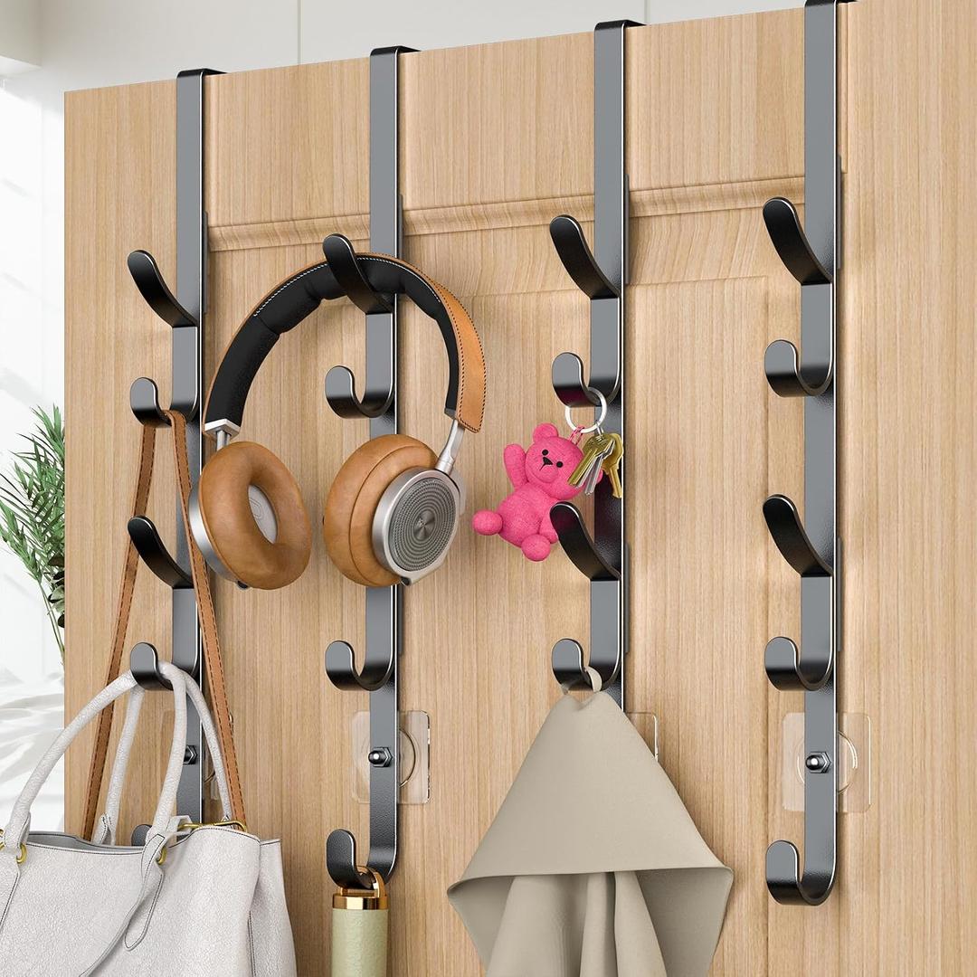 Over The Door Hooks, Metal Door Hooks for Hanging, Over The Door Purse Organizer for Coat Hanger, Back of Shower Door for Hanging Towel Rack Clothes, Hat, Bathroom, Closet (Black-4Packs)