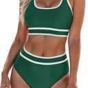 Blooming Jelly Womens High Waist Bikini Sets Sporty Color Block Two Piece Swimsuits Scoop Neck Cheeky Bathing Suits (Medium, Green)