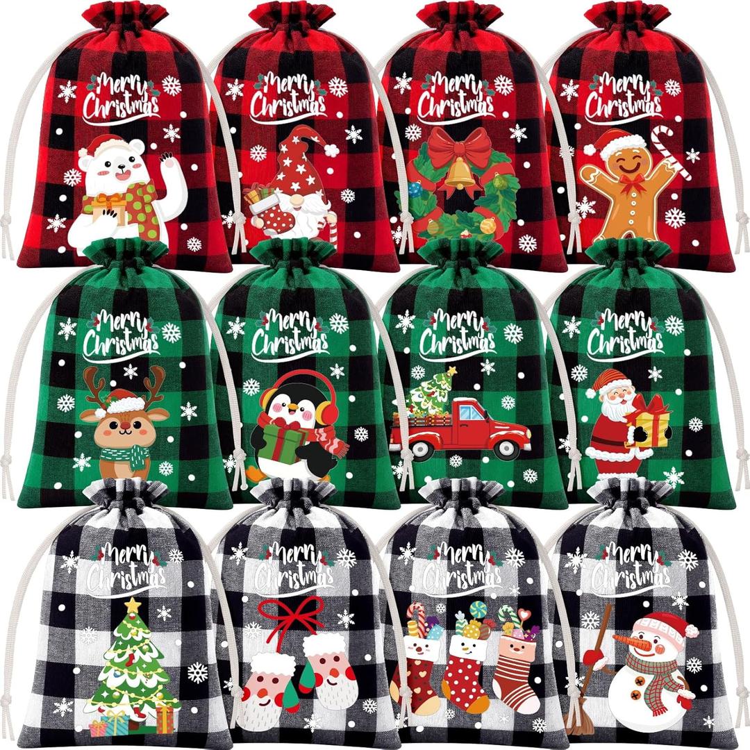 72Pcs Burlap Christmas Drawstring Bags, 5x7in Buffalo Plaid Xmas Gift Bags w/ Tag Christmas Candy Bags Small Xmas Linen Treat Bags Goody Gift Bags Reusable Gift Wrapping Bags Holiday Party Favors Sack