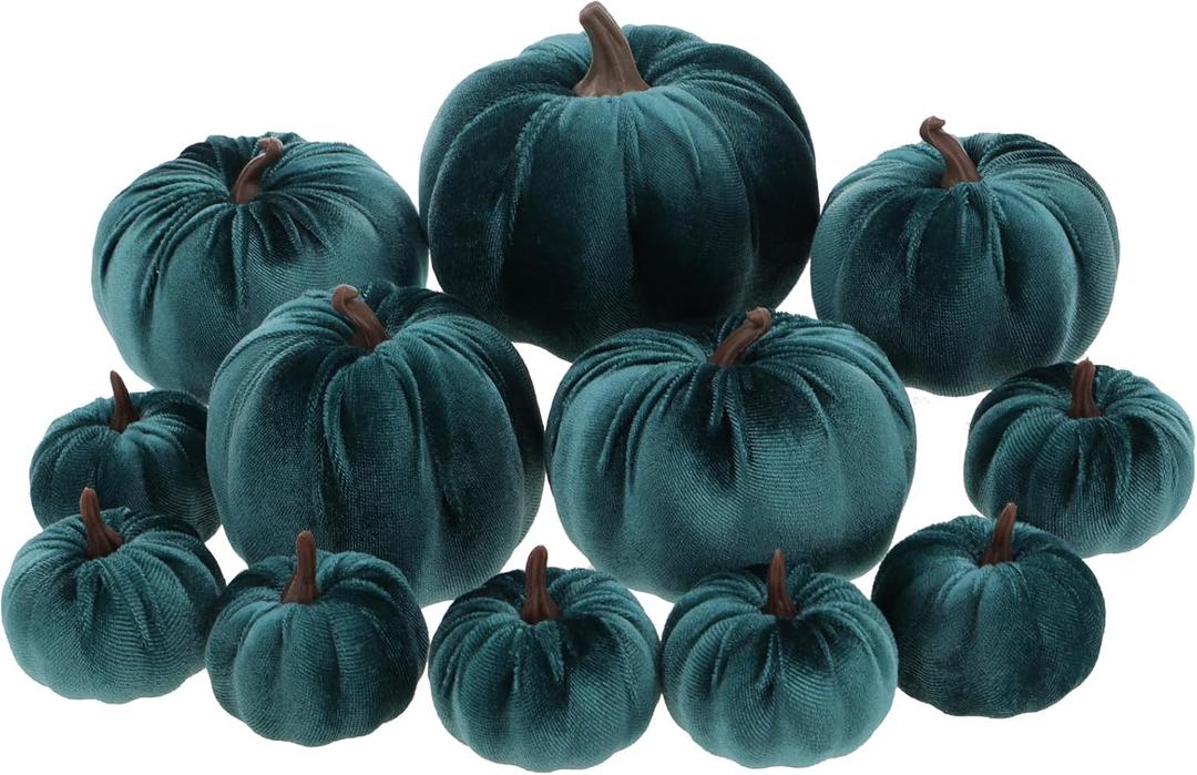 12pcs Artificial Velvet Faux Pumpkins Halloween Handmade Crafts Fabric Foam Fall Harvest Table Centerpiece Party Thanksgiving Decorative Teal