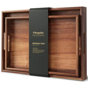 Fibogollo Set of 2 Acacia Wood Serving Tray with Handles, Decorative Trays Platter, Breakfast Tray in Bed, Food Drinks Tray for Eating, Working, Storing(Brown)
