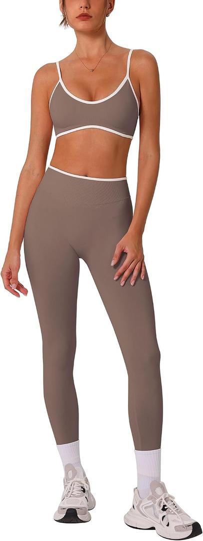 ABOCIW Workout Sets for Women Seamless Color Block Sports Bra Hidden Scrunch High Waist Leggings 2 Piece Gym Yoga Active Wear Pilates Outfits Athletic Work Out Clothes, Mocha, Medium