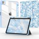 Case for iPad Pro 11-inch (M4) 5th Generation 2024,Slim Tri-Fold Smart Folio Auto Wake/Sleep with Clear Back/Pencil Holder Cover for iPad Pro 11" 5 Gen (Floral Blue)