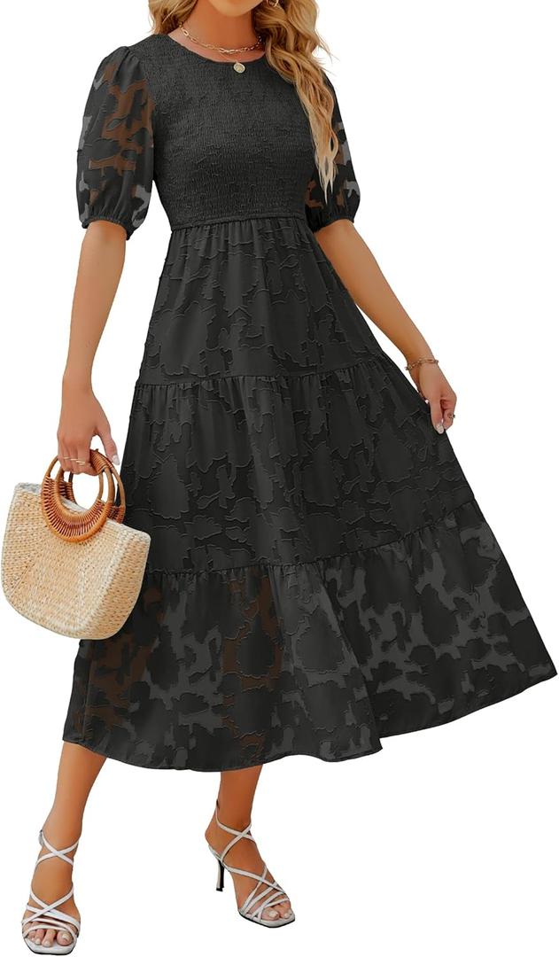 ZESICA Women's 2024 Summer Short Puff Sleeve Crewneck Smocked Floral Lace Flowy A Line Tiered Maxi Dresses, Black, X-Large