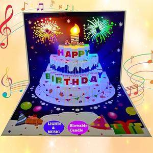 Pack of 2, Akeydeco 3D Pop Up Birthday Cards,Auto Play 3D Changeable Colors Light Music Birthday Cake Cards Pop up Warming LED Colourful Happy Birthday Card Best for Mom,Wife,Sister,Girl,Friends