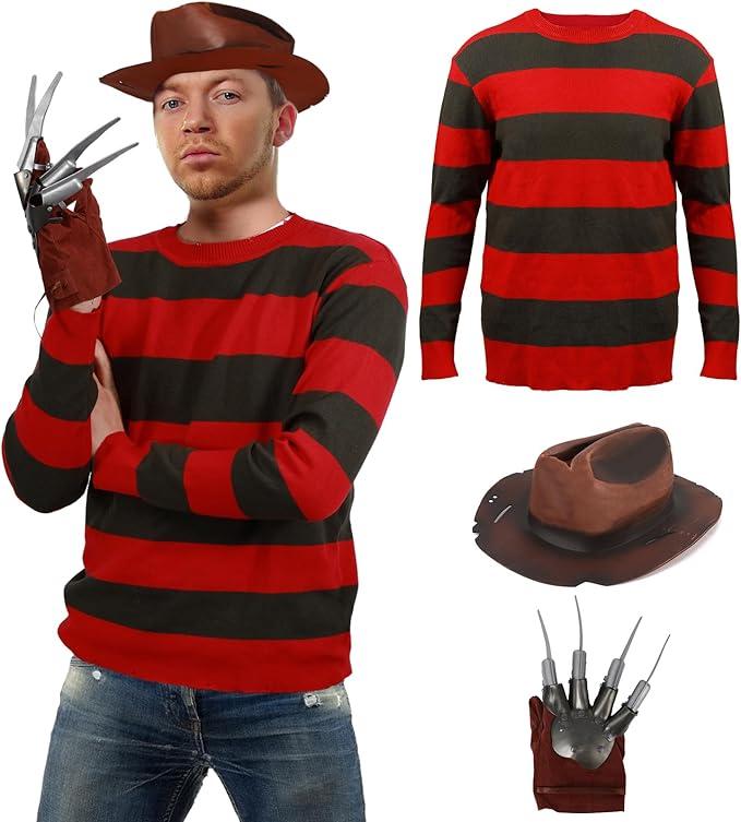 Men Killer Costume Adult Horror Movie Freddy Striped Outfit Accessory Hat Glove Halloween Party Cosplay Props, 2XL