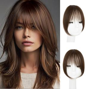 Clip in Bangs, 100% Real Human Hair Brown Fake Bangs Clip in Hair Extensions French Bangs Fringe with Temples Hairpieces for Women Curved Curtain Bangs for Daily Wear