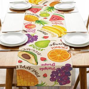 Watercolor Fruit Table Runner, Watermelon Pineapple Banana Orange Kitchen Dining Table Decoration, Spring Summer Grapes Kiwi Avocado Burlap Indoor Outdoor Home Decor Party Supply 13 x 72 Inches