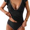 Women's Tankini Swimsuit Tummy Control Ruffle Two Piece Bathing Suit V Neck Ruched Swimwear with Bottom (Black Light Pink), S