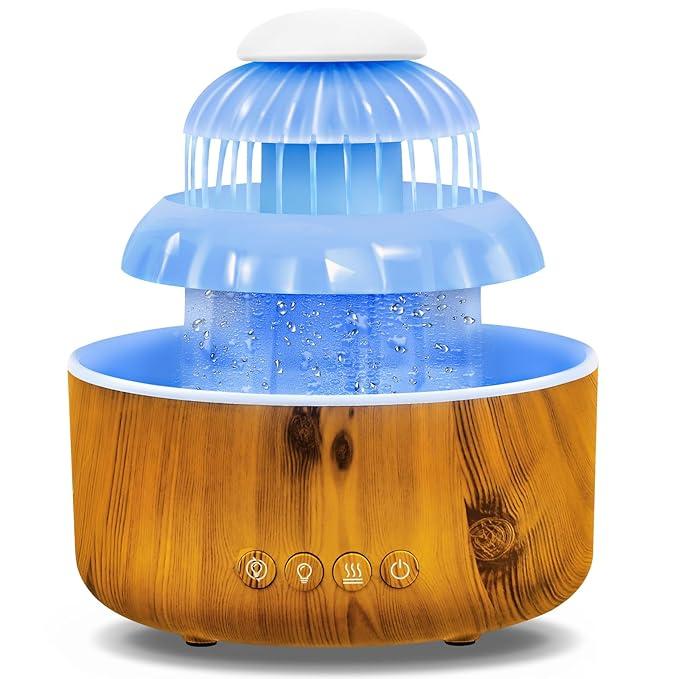 Humidifier for Bedroom, Water Flowing Cool Mist Humidifier, Waterfall Air with Rain Sounds Sleeping, 8 Colors led Light Up to10 Hours, Cloud Baby Woman, Home, Office