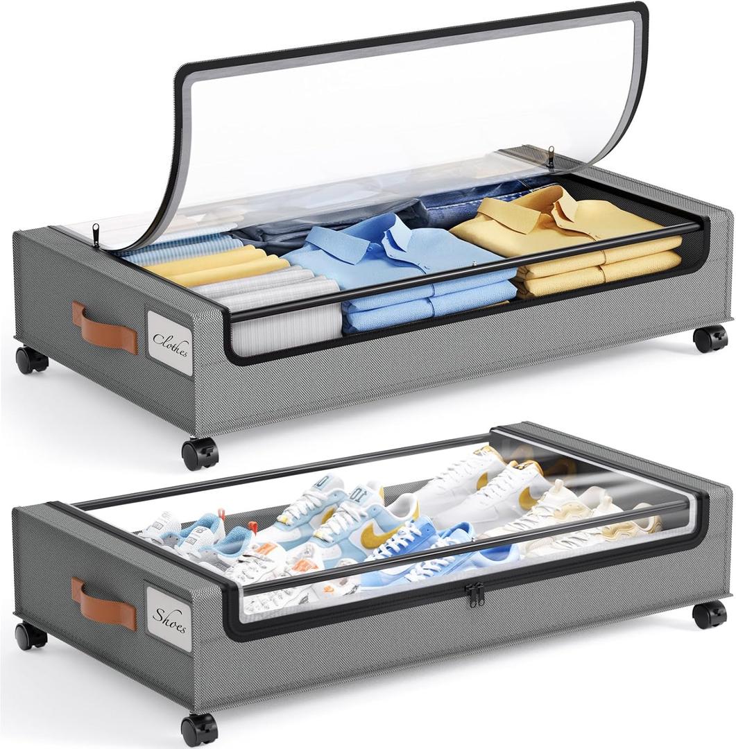 Yecaye Under Bed Storage with Wheels, 2 Pack Under Bed Storage Containers, Large Under Bed Rolling Storage with Clear Window & Label, Bedroom Storage Organizer for Clothes, Shoes, Books, Blankets