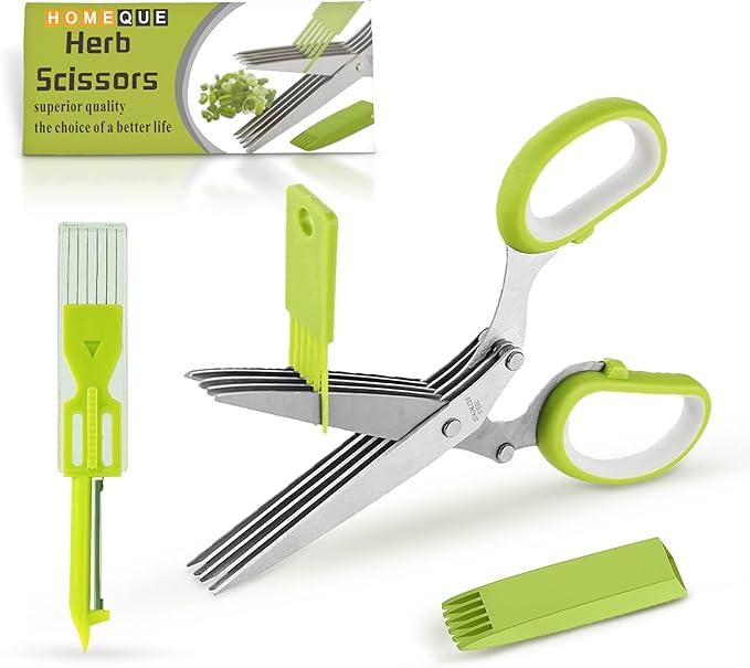 5-Blade Stainless Steel Herb Scissors with Cleaning Comb & Vegetable Peeler – Multi-Use Herb Cutter for Basil, Parsley, Cilantro & Kale