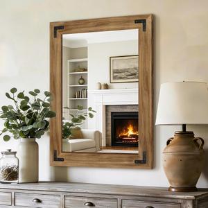 AMOISE Farmhouse Bathroom Vanity Mirror, 32" x 24" Wood Frame Wall Mirror, Vintage Rustic Decor for Entryway, Bedroom, Living Room, Vertical or Horizontal Hanging