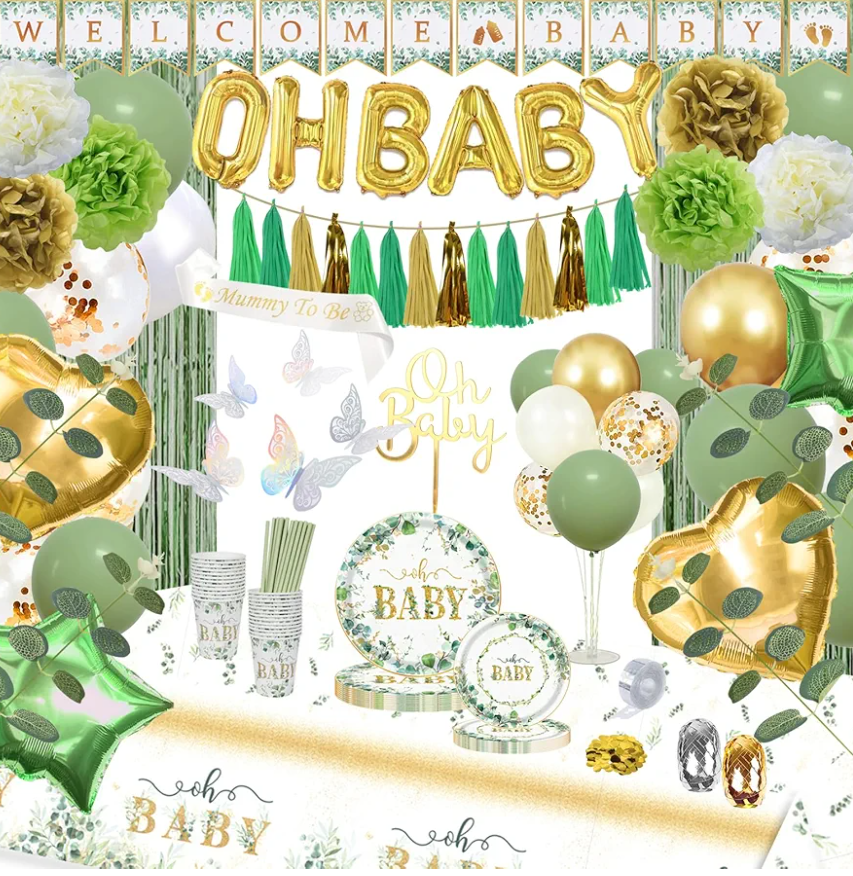 223Pcs Sage Green Baby Shower Decorations,"OH BABY" Banner, Balloon, Sash, Cake Topper for 25 Guests,Neutral Baby Shower Decor Supplies- Disposable Dinnerware Set With Eucalyptus Leaf