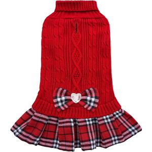 YUDODO Dog Sweater Dress for Small Dogs Girl with Bowtie Winter Warm Dog Turtleneck Sweater with Leash Hole Soft Puppy Knitwear Clothes Cute Doggie Dresses for Yorkie Chihuahua (Red, L)
