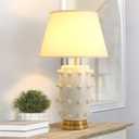 Modern Ceramic Linden Table Lamp - 30" White Ball Farmhouse Design, Classic Nightstand Large Linden Lamp Tapered Drum Shade for Living Room, Bedroom, Office, and Home White