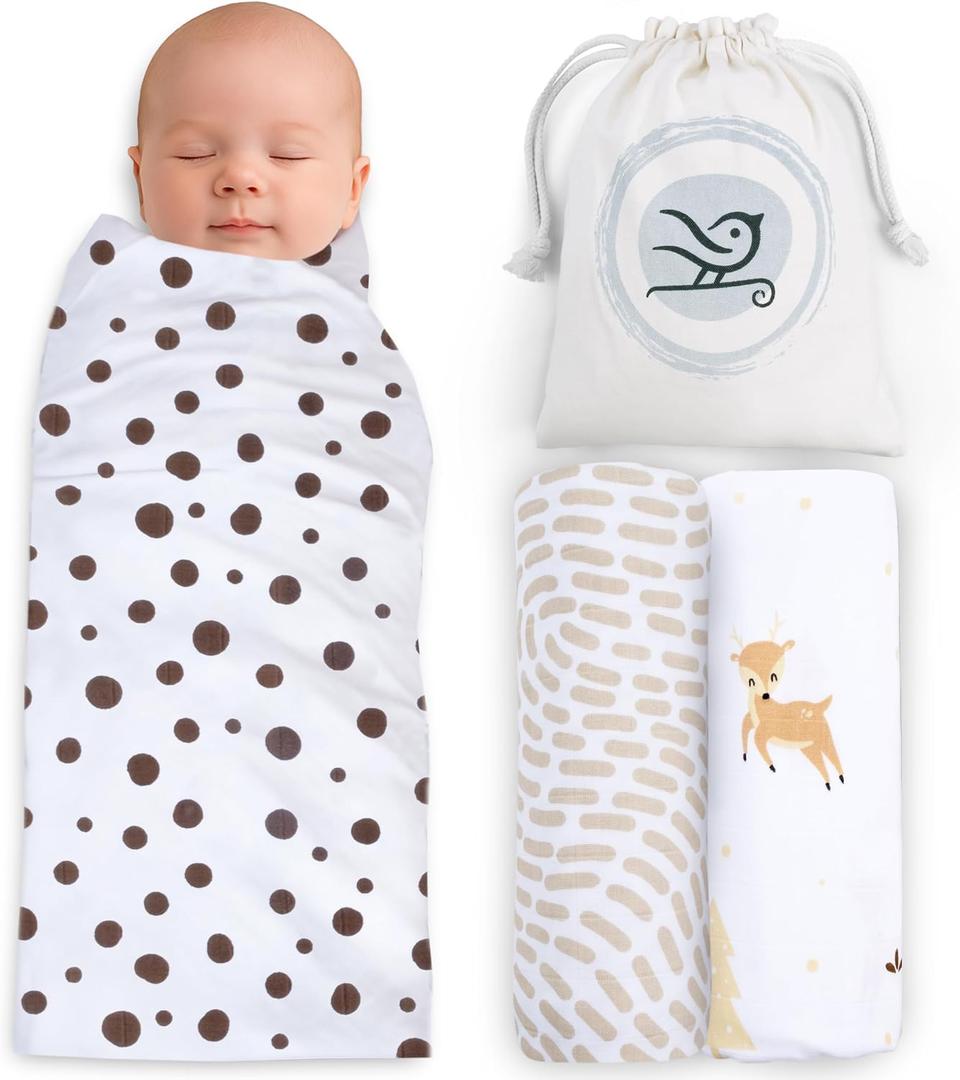 BabySparrow Muslin Swaddle Blankets 3-Pack Brown Deer 47x47 Cotton Baby Swaddles for Newborns, Soft Breathable Receiving Blankets & Newborn Essentials, for Girls & Boys, Single Extra Large