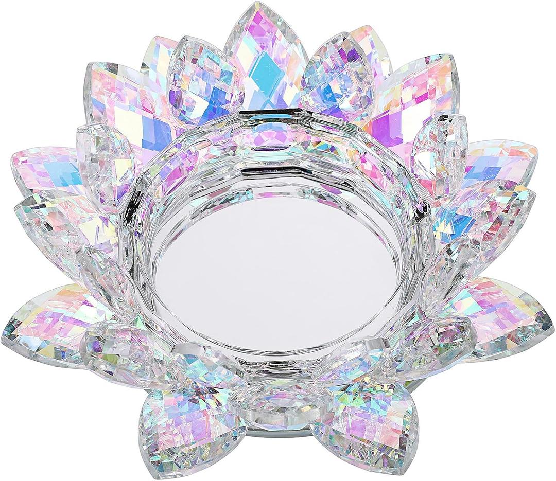 OwnMy Crystal Lotus Flower Candle Holder for Pillar Candle up to 3", Decorative Glass Lotus Petal Votive Candle Holder Tea Light Holder Candle Stand Candle Lamps for Home Decor Wedding Party, AB Color