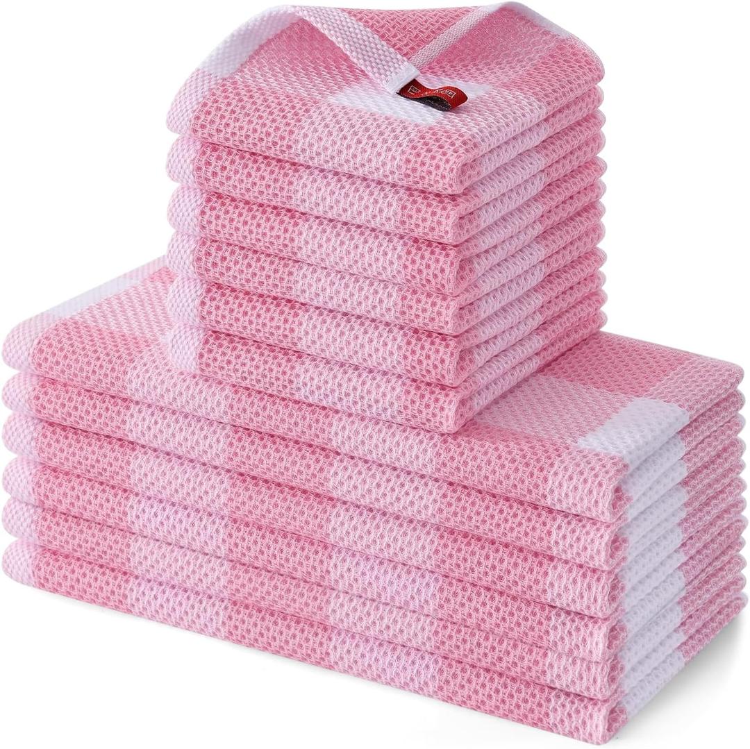 Homaxy Kitchen Towels and Dishcloths Set, 12 x 12 and 13 x 28 Inches, Set of 12 100% Cotton Waffle Weave Check Plaid Kitchen Dish Towels, Super Soft and Absorbent Dish Cloths, White & Pink