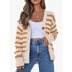 EVALESS Womens Striped Cardigan Sweaters Long Sleeve V Neck Lightweight Open Front Button Down Knit Cardigans 2XL