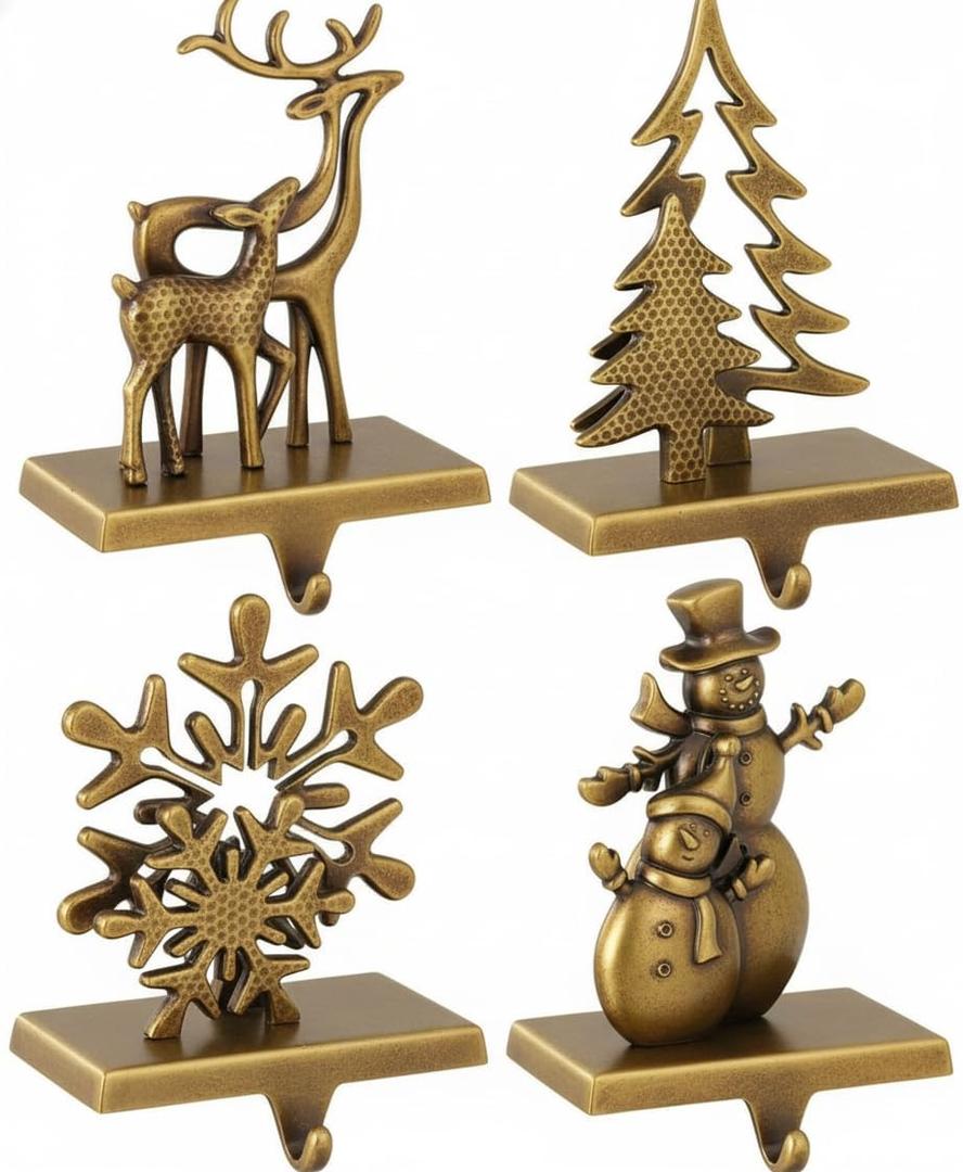 4Pcs Christmas Stocking Holders Double Mantle Anti-Slip Velvet Brass Stocking Holder for Mantle Decorative Mantel Stocking Hanger Hooks for Fireplace Shelf Xmas Decor (4,Bronze)