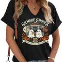 TIXOM Women's Fall Halloween Thanksgiving V Neck Shirt Holiday Funny Family Matching Graphic Tee Casual Autumn Tops M