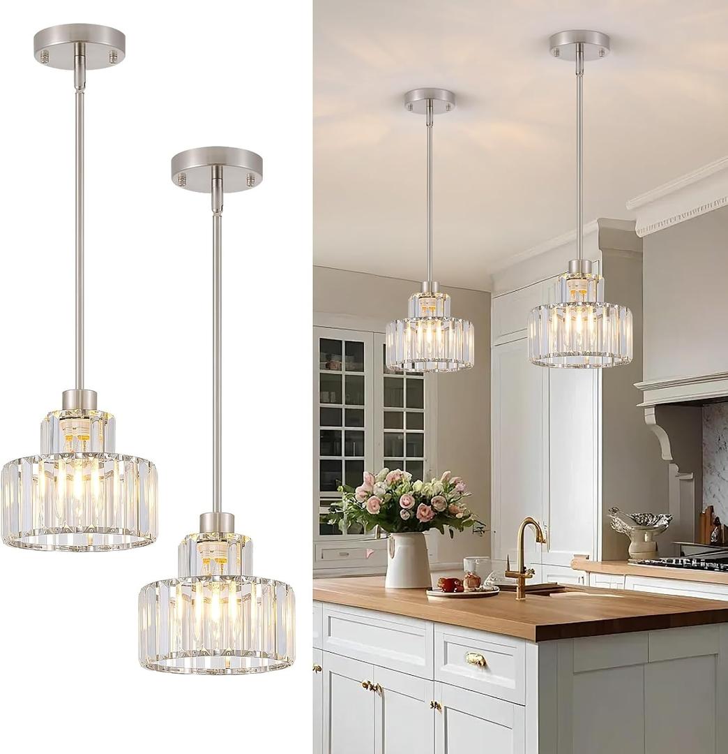 Dijiahua Brushed Nickel Pendant Lights Kitchen Island 2 Pack,Modern Crystal Pendant Light Fixtures Over Table, Mini Silver Dining Room 1-Light Chandelier,Adjustable Cord Hanging Lamp for Bedroom